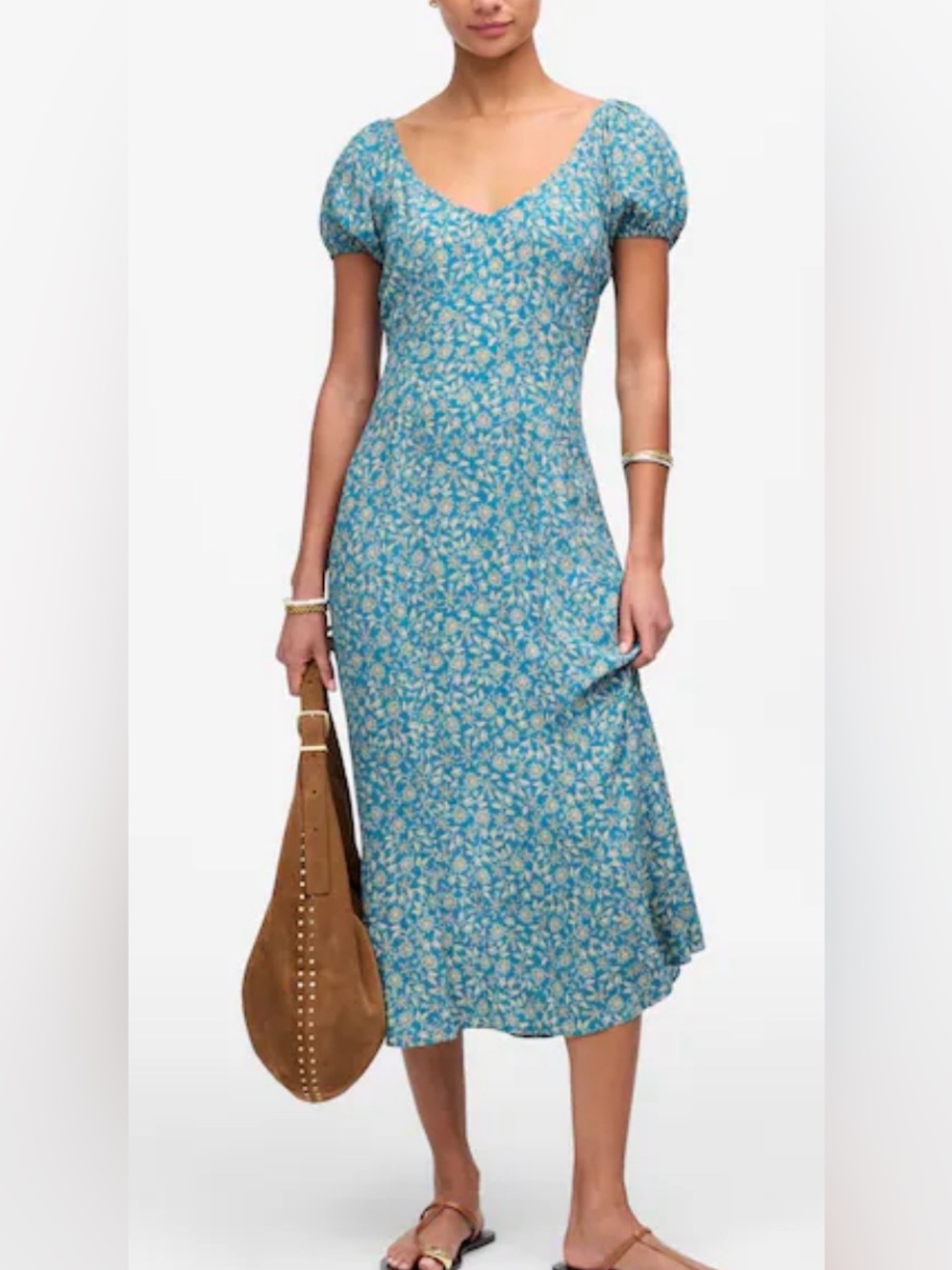Madewell Cap-Sleeve Midi Green Eloise Ditsy Floral Dress Size 6